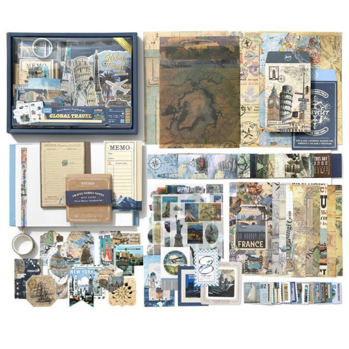【手帳禮盒-環遊之旅】154套組-還游之旅系列，拼貼、手帳佈置、貼紙、手帳套組、手帳素材、變籤、便條紙、A6筆記本