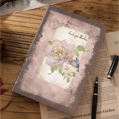 A5復古拼貼風，硬殼高質感筆記本(鳥語花香封面)-手帳本、素材本、硬殼精裝本記事本、內頁牛皮紙與道林紙穿插