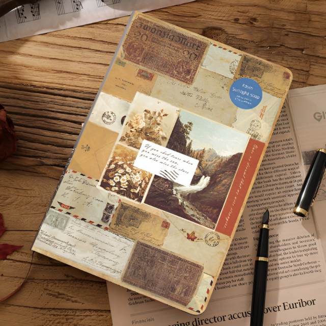 A5復古拼貼風，硬殼高質感筆記本(舊時風情封面)-手帳本、素材本、硬殼精裝本記事本、內頁牛皮紙與道林紙穿插