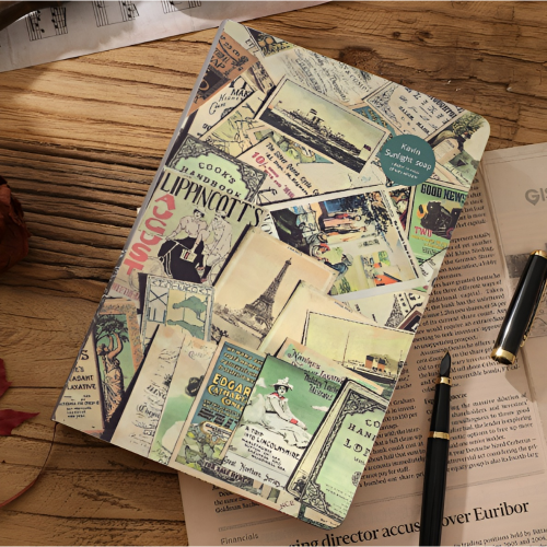 A5復古拼貼風，硬殼高質感筆記本(旅遊記事封面)-手帳本、素材本、硬殼精裝本記事本、內頁牛皮紙與道林紙穿插