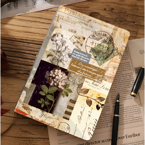 A5復古拼貼風，硬殼高質感筆記本(繁花郵戳封面)-手帳本、素材本、硬殼精裝本記事本、內頁牛皮紙與道林紙穿插