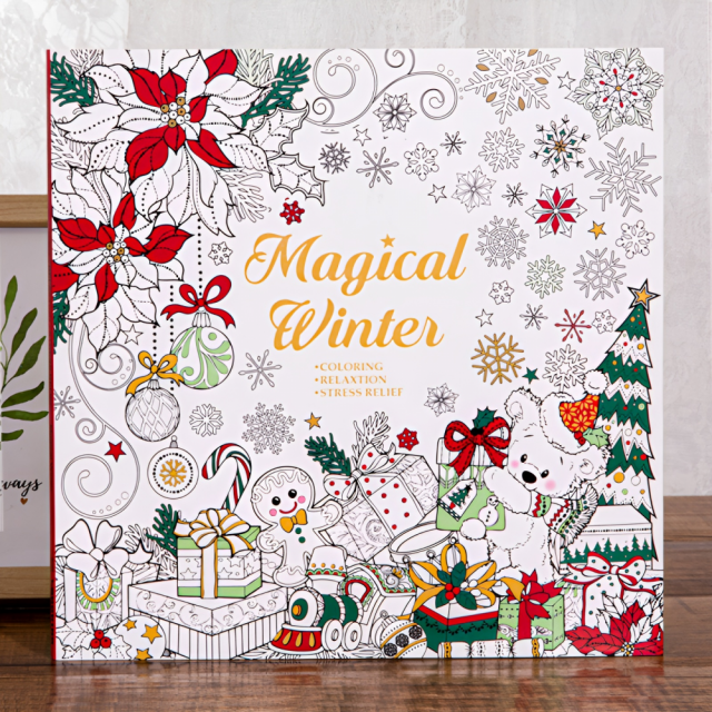 英文版《Magical Winter》聖誕節、交換禮物著色本24頁-輕薄小本好攜帶長寬25cm，療癒、紓壓、靜心、塗色本