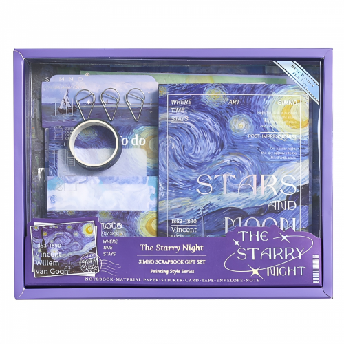 梵谷 the starry night星空手帳禮盒-油畫系列，拼貼、 A6手帳本，以及拼貼素材、紙膠帶、便籤等素材