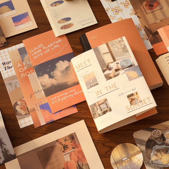 《手帳禮盒-美好夕陽》橙橘色系，浪漫餘暉，文青感十足，拼貼、a6記事本、便條紙、貼紙，手帳套組