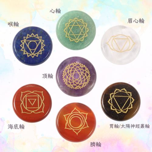 七脈輪石組(白水晶、紫水晶、青金石、綠東陵、虎眼石、紅瑪瑙、紅碧玉) 2cm 圓片 靜坐/冥想 平衡人體能量