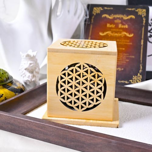 生命之花淨化香薰盒-A款 可香燻手串/原礦 可燃燒塔香/環香/香粉/鼠尾草 附防火棉 木質香爐 木質香盒