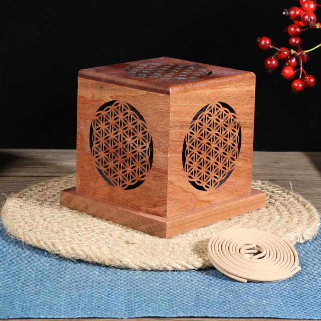 生命之花淨化香薰盒-B款 可香燻手串/原礦 可燃燒塔香/環香/香粉/鼠尾草 附防火棉、環香架 木質香爐 木質香盒