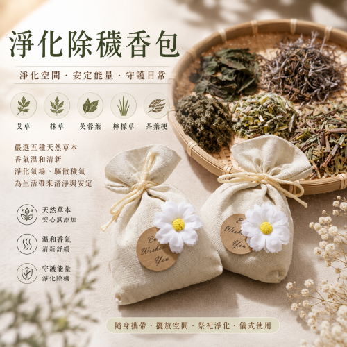 手工淨化除穢香包｜艾草・抹草・芙蓉葉・檸檬草・茶葉梗｜內藏茶晶・空間淨化・隨身守護