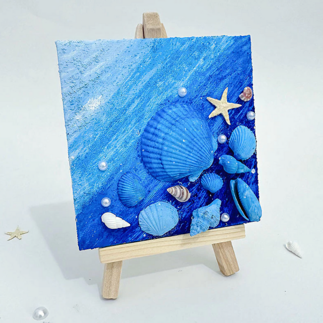大量預購五款《海洋石英砂畫DIY材料包》15x15cm畫布含顏料、貝殼…完整配件- 簡單好上手！ 立體感肌理畫 仿油畫