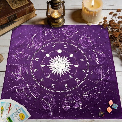 升級加厚星空十二星座塔羅布-紫色 絨布掛布 48x48cm 雙色印刷 塔羅桌布 掛毯 靜心空間 靜坐冥想 牆面櫃體裝飾