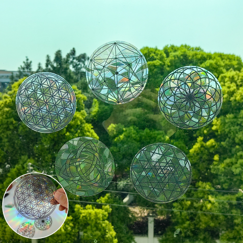 5種神祕符號炫彩靜電窗貼 12cm 生命之花 大天使麥達昶 凱爾特三角 玻璃裝飾 七彩折射 重複使用 適用窗戶/玻璃門